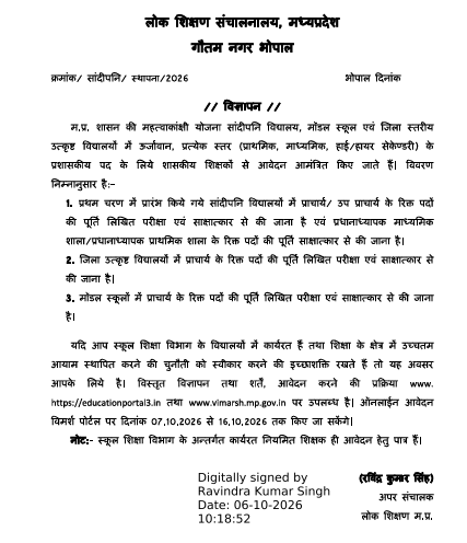 MP Sandipani & Model School Recruitment 2026